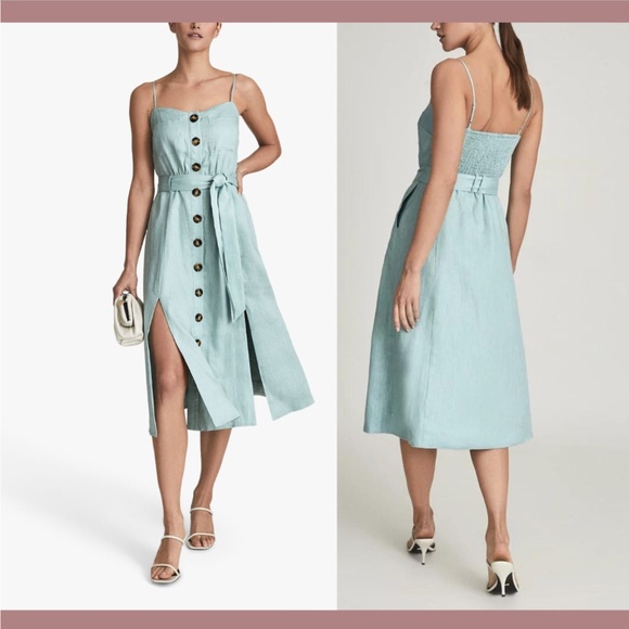 Reiss Dresses & Skirts - NWD $320 Reiss [ 14 US ] Catalina Linen Button Front Midi Dress in Sage‎